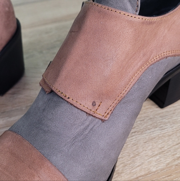 Women's Tan and Gray Leather Buckle Shoes Chunky Heel Grandpacore 39 - Picture 10 of 13